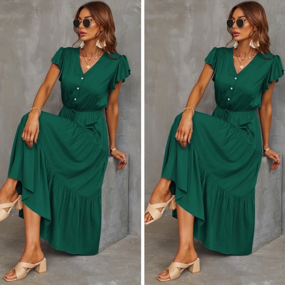 Green Drawstring Flutter Sleeve Tiered Midi Dress - Picture 3 of 3